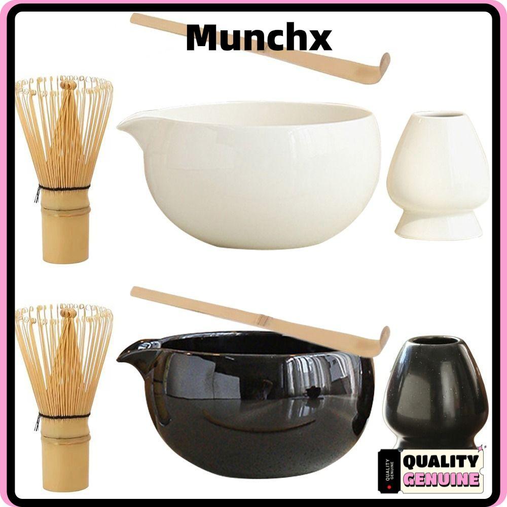 MUNCHX ชุดน้ําชามัทฉะญี่ปุ่น 4 ชิ้น, ไม้ไผ่เซรามิคปลอดภัย Matcha Whisk, แปรงกวนมัทฉะแบบใช้ซ้ําได้เกรดอาหาร