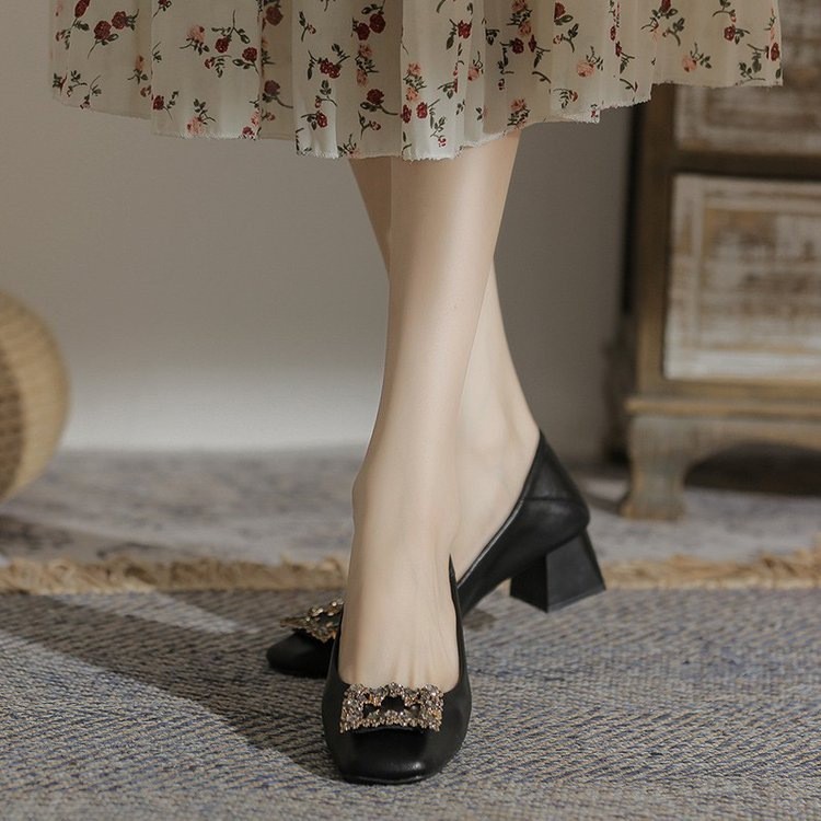 French Chunky Heel Shoes Square Toe Mid- Heel Pumps Commuter Work Shoes