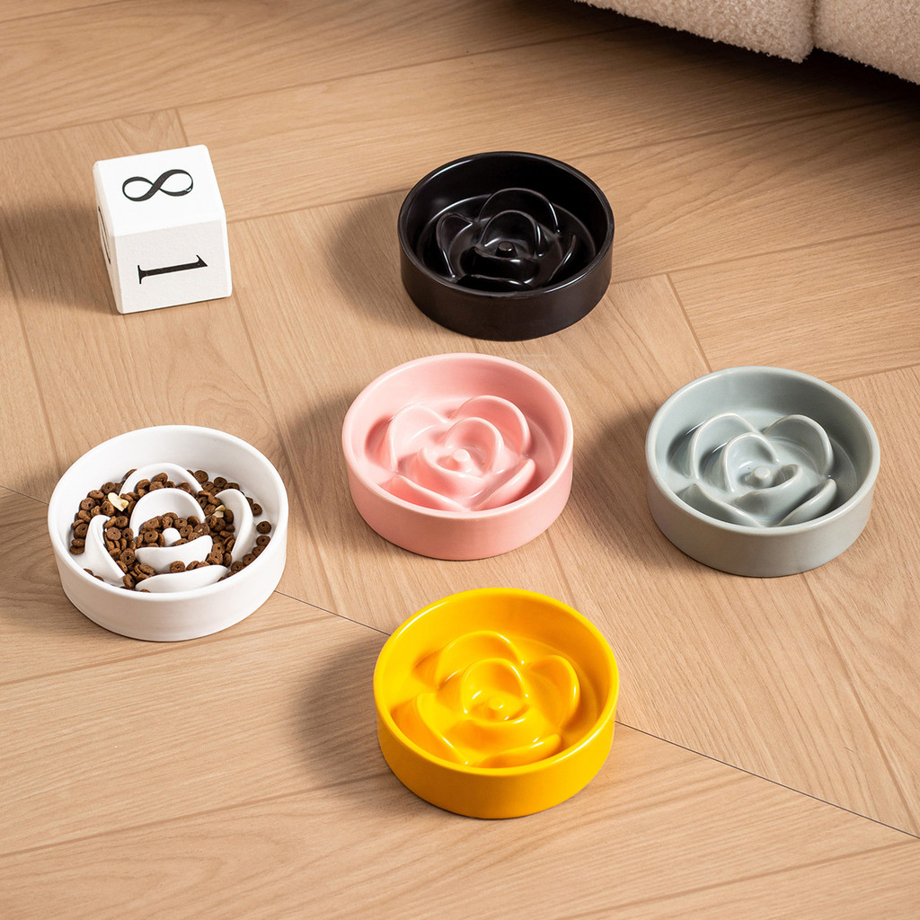 Creative Matte Petal ชามอาหารช้า Anti-Choking เซรามิค ป้องกันคว่ํา สําหรับแมวและสุนัข