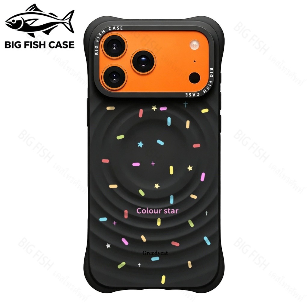 เคสไอโฟน ซิลิโคนสีดำ แม่เหล็ก ลายดาวสีรุ้ง "Colour star Greedycat" มุมหนา กันกระแทก สำหรับ iPhone 17 16 15 14 13 12 11 P