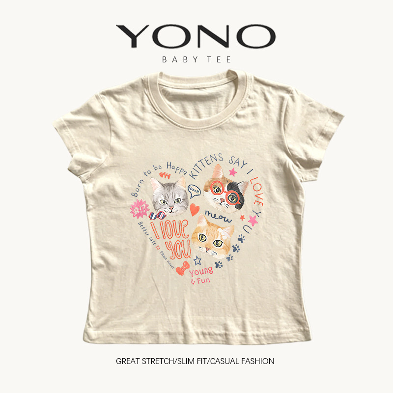 (พร้อมส่ง24ชม.) baby tee สีเบจ ลายแมว 3 ตัวกับหัวใจ ฟีลคิ้วท์ขี้เล่น ทรงเข้ารูป ใส่สบาย