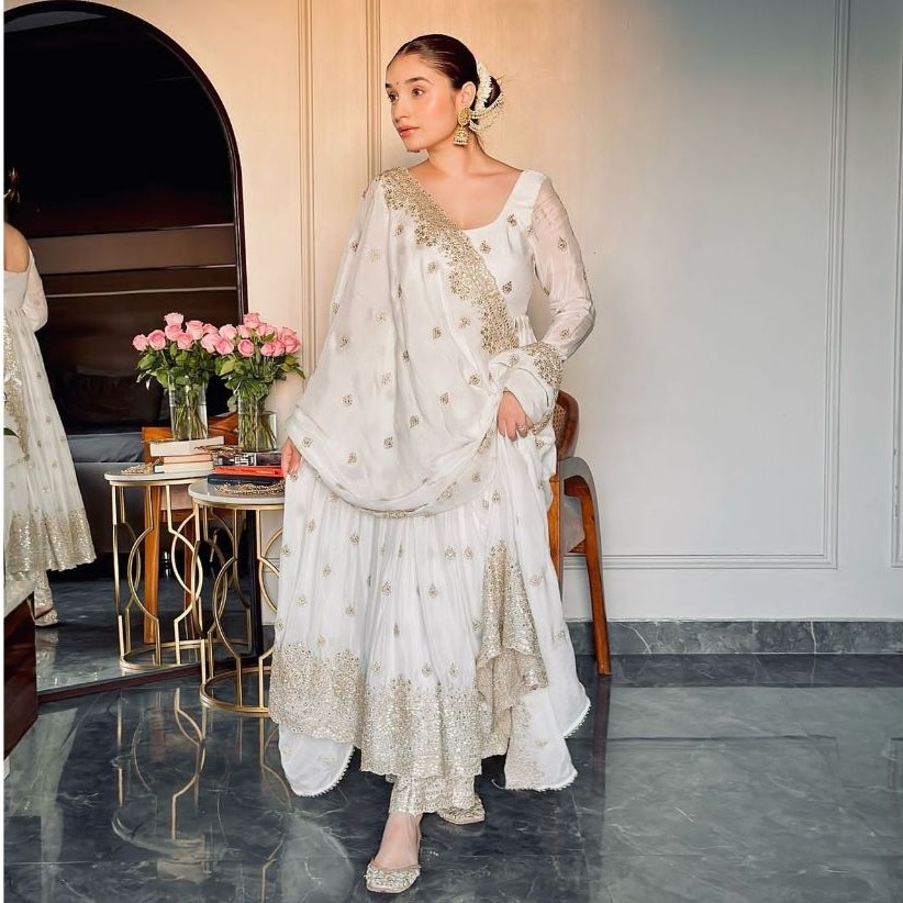 DULHAN GOWN สีขาว ANARKALI SILK STYLISH พร้อมกางเกงขนาด S ถึง 3XL FD121 35P 7D