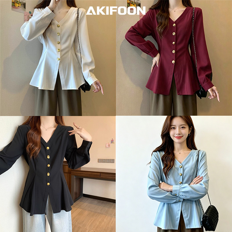 เสื้อเชิ้ตสีดำผู้หญิง แขนยาว คอวี เสื้อทำงาน ทรงเข้ารูป เก็บเอว เรียบหรู ดูแพง เสื้อแฟชั่น #W736