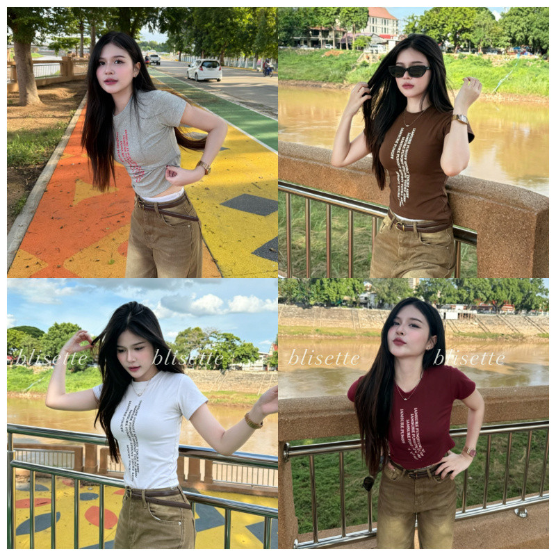 【จัดส่งจากกรุงเทพฯ】 เสื้อยืดทรงเข้ารูป สไตล์เซ็กซี่ พร้อมส่ง เสื้อแขนสั้นพิมพ์ลายสไตล์เกาหลี คอกลม COD