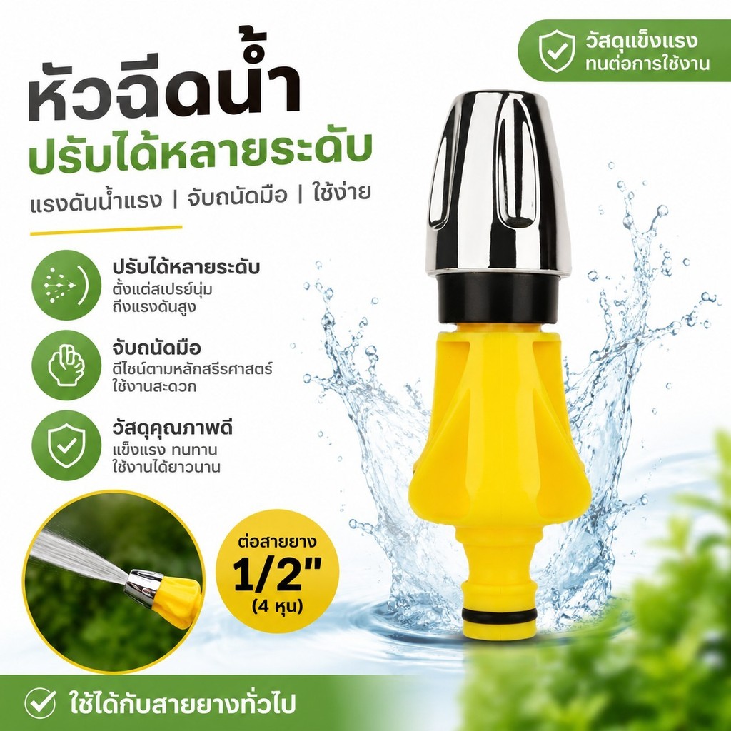 ปืนฉีดน้ำแรงดันสูงแบบพกพาสำหรับล้างรถ รดน้ำต้นไม้ และทำความสะอาดผิวพื้น