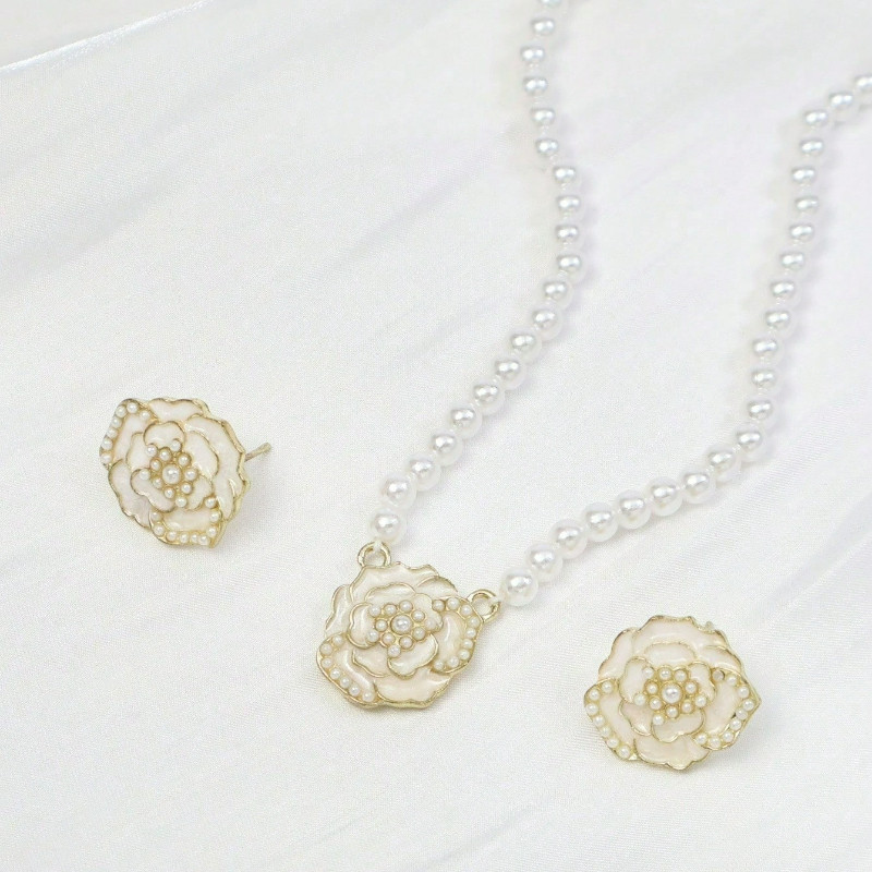 [Bo Ye] French Camellia Pearl Jewelry 3 ชิ้นชุดหรูหราประณีตสร้อยคอต่างหูชุดสุภาพสตรี All-Match อุปกร