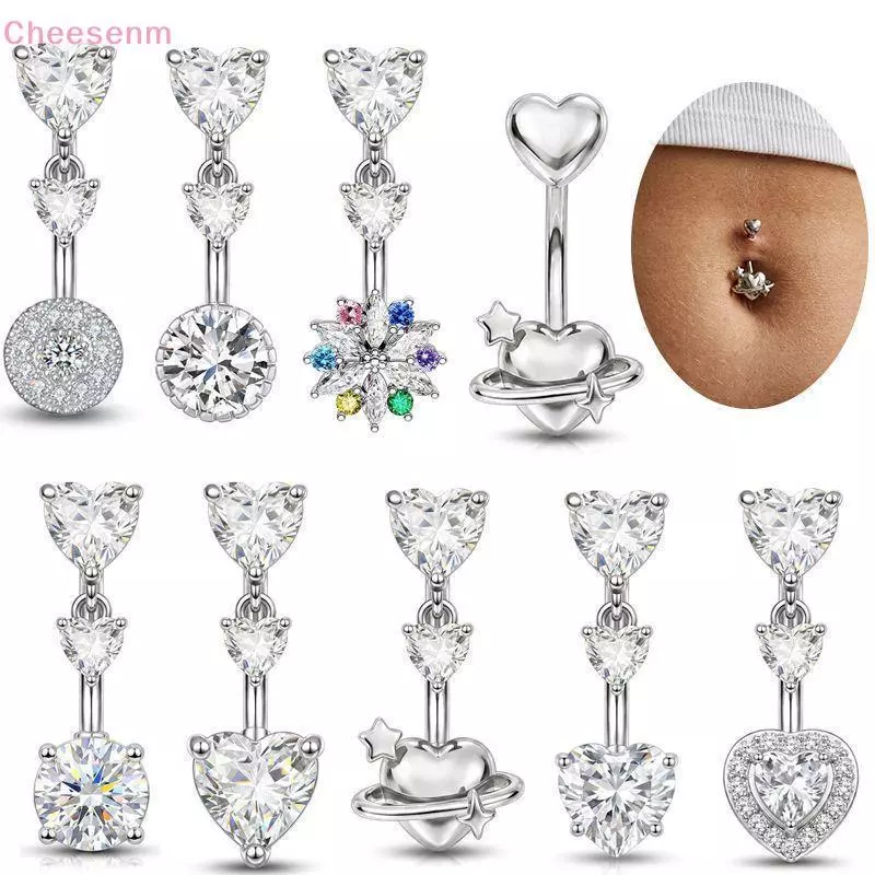 Cheenm รูปหัวใจZircon Series Dangle Bellyปุ่มแหวนสแตนเลสคริสตัลหัวใจBelly NavelเจาะNombrilเครื่องประดับTH