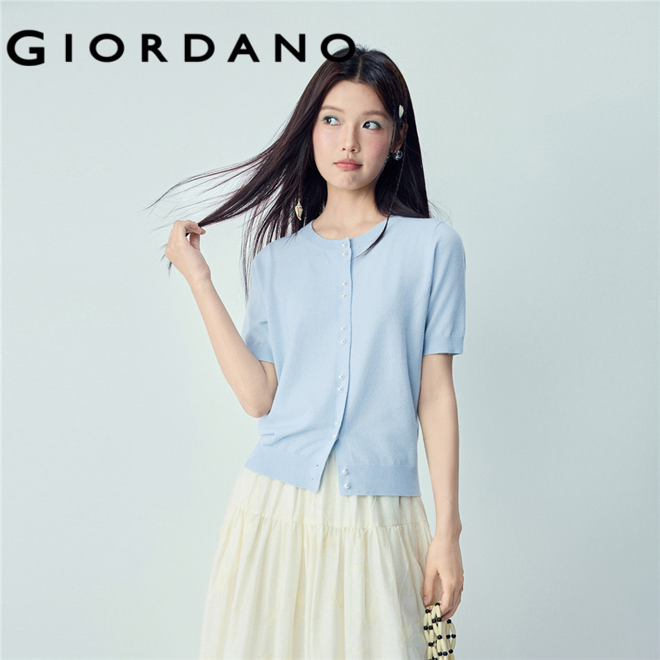 GIORDANO WOMEN Pearl buttons crewneck short sleeve cardigan 18356005