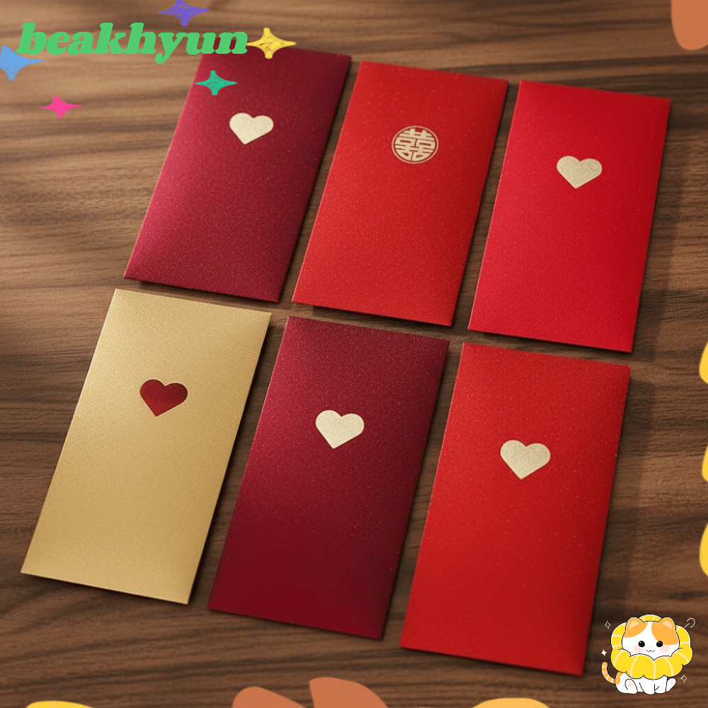 บียุน 6ชิ้นแพ็คเก็ตสีแดง,ปีซองจดหมายสีแดงที่สวยหรู,รูปแบบความรัก17*9เซนติเมตรสามสีโชคถุงเงินวันวาเลนไทน์