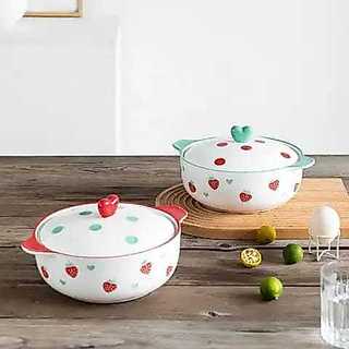 Mangkok Saji Keramik Bulat Besar Diameter 25cm Dengan Tutup Ada Pegangan Tutup Mangkok Love Motif Strawberry Lucu Unik Mangkok Soup Oven Microwave