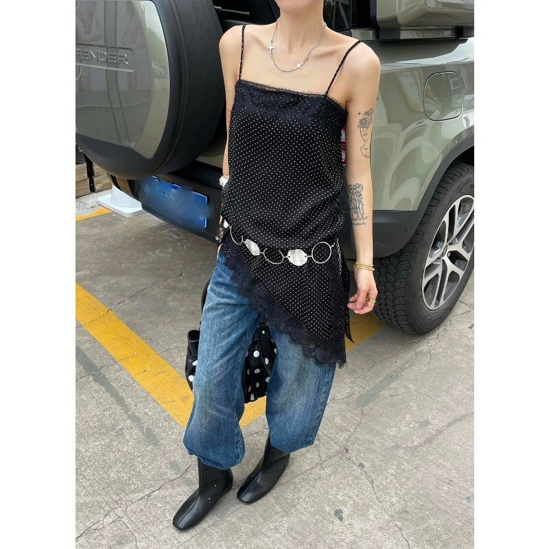 Crush เสื้อกล้ามสายบางลายจุดเล็กสีขาว คอU ขอบลูกไม้ รูปที่ 8