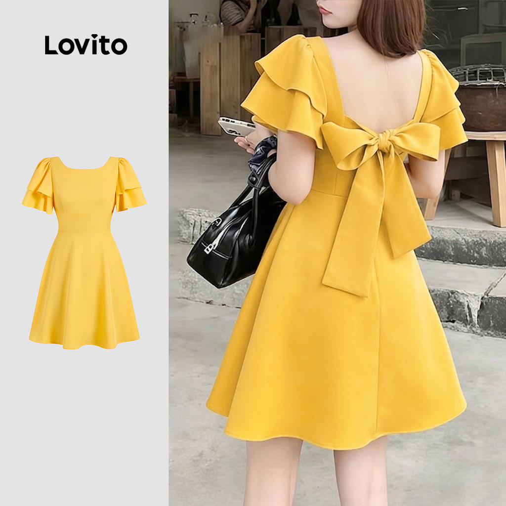 (New Arrival) Lovito ชุดเดรสสีเหลืองระบายหลังโบว์ ปิดซิป สําหรับฤดูใบไม้ผลิ/ฤดูร้อนของผู้หญิง L195ED1002