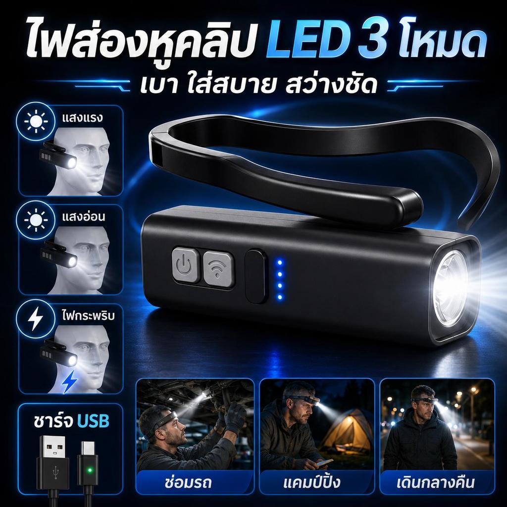 [เบาสวมสบาย] ไฟฉายคาดหัว LED คล้องหู ไม่รัดศีรษะ หนีบแน่นไม่หลุด 3 โหมดไฟ ชาร์จ USB เกรดพรีเมียม