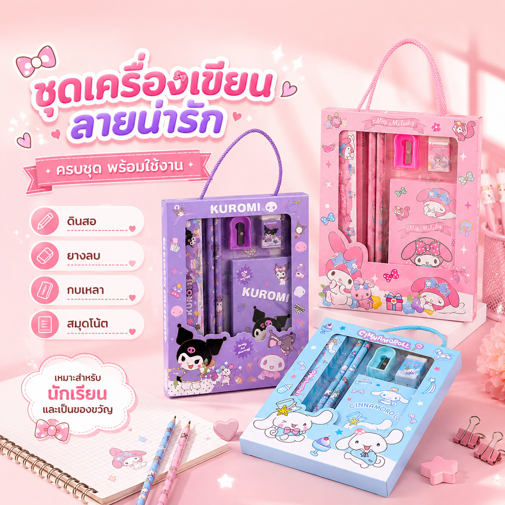 🎁ชุดอุปกรณ์เครื่องเขียน Sanrio ลิขสิทธิ์แท้​ 🐰✨ หนังสือ+ดินสอ+ยางลบ+ไม้บรรทัด 🎀 ของขวัญน่ารัก A00117