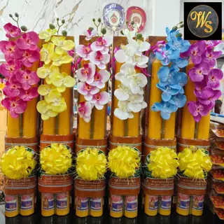 เทียนพรรษา เทียนคู่ เบอร์ 5X60 ซม. พร้อมผ้าอาบ ตกแต่งสวยงาม ราคาชุดละ