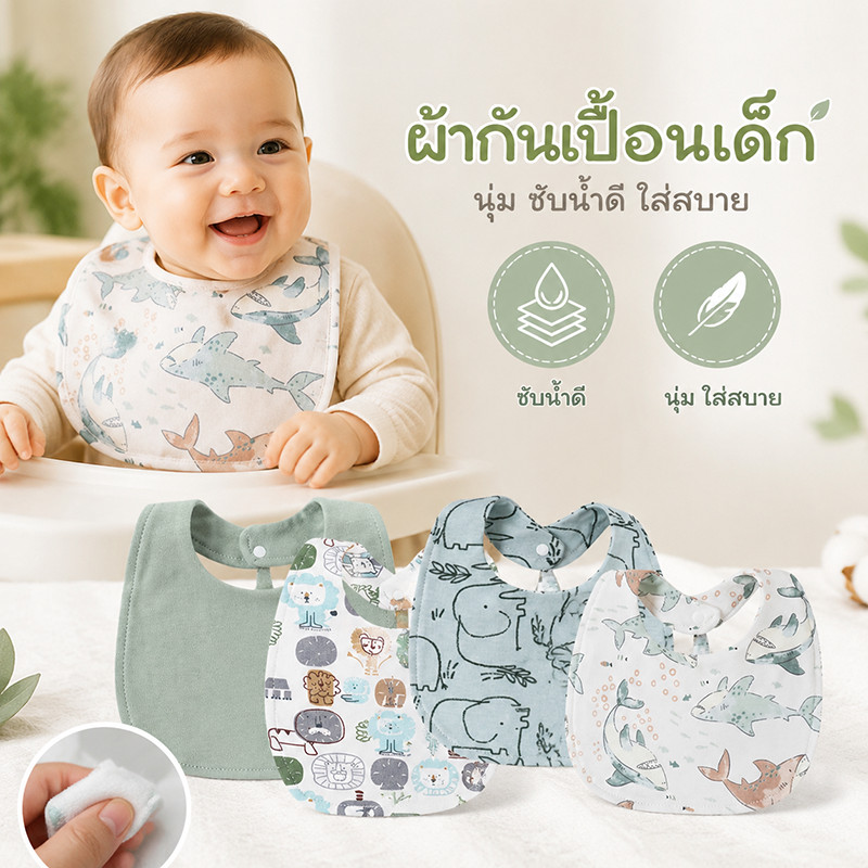 (แพค 4 ผืน) ผ้ากันเปื้อนเด็ก ผ้าซับน้ำลายเด็ก ด้วยปุ่ม การดูดซึมน้ำที่ดี ผ้ากันเปื้อนเด็กกินข้าว