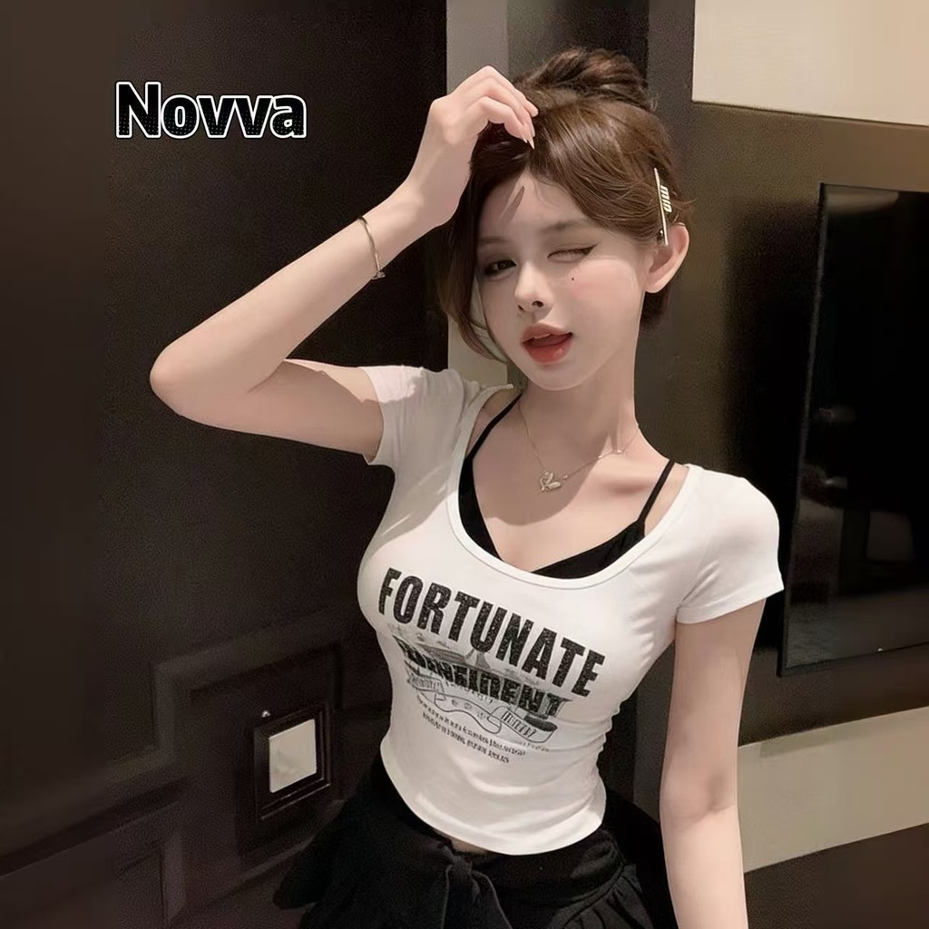 Novva ส่งไวจากไทย เสื้อยืดผู้หญิง แขนสั้น พิมพ์ตัวอักษร ดีไซน์สองชั้น เซ็กซี่มาก 2สี