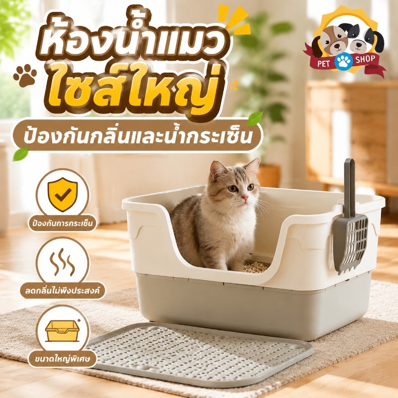 ห้องน้ำแมวใหญ่ กล่องทรายกึ่งเปิด กระบะทรายแมวโต แข็งแรงทนทาน พร้อมที่ตักทราย ป้องกันกลิ่น