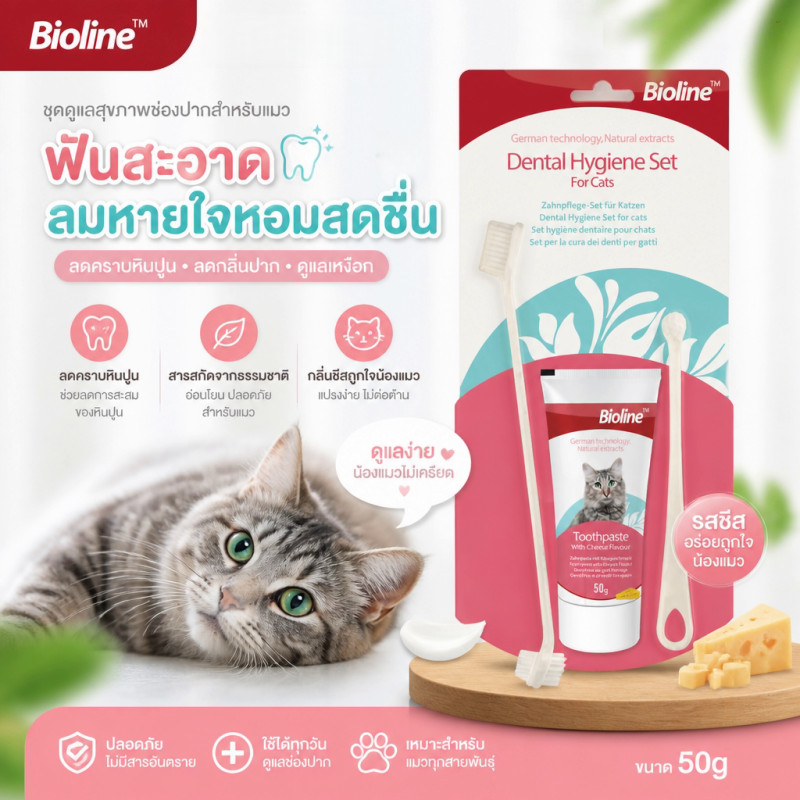 😻Bioline😻ยาสีฟันแมว แปรงสีฟันแมว ชุดทำความสะอาดฟันแมว รสชีส ยาสีฟันพร้อมแปรง 3 ขนาด  ลดกลิ่นปาก ลดการสะสมของแบคทีเรีย