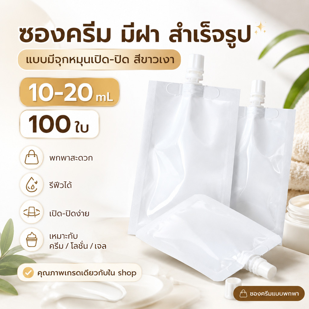 (100 ใบ) ซองครีม มีฝา สำเร็จรูป 10-20 มล. แบบมีจุกหมุนเปิดปิด สีขาวเงา เกรดเดียวกับใน shop