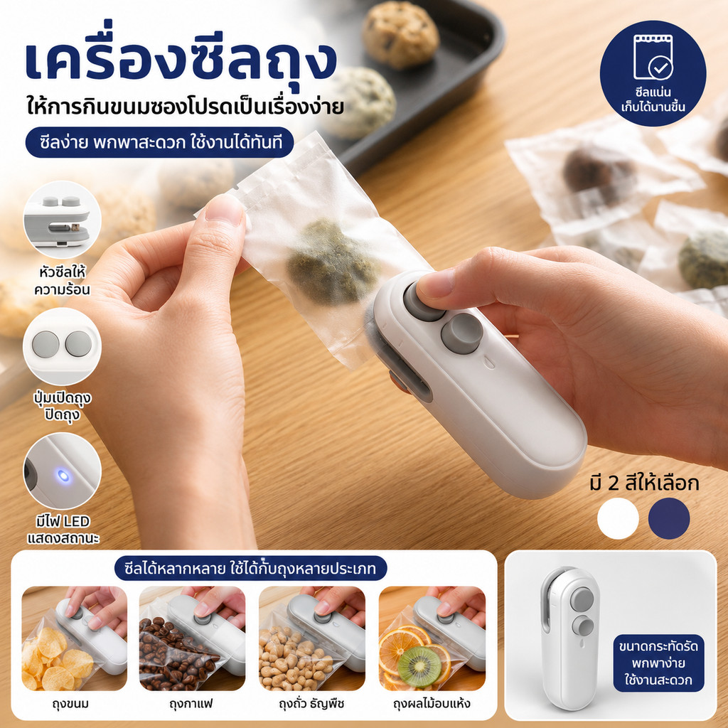 S00040 เครื่องซีลถุง เครื่องซีลถุงพลาสติก พกพา กันความชื้นและกันฝุ่น เก็บอาหารให้สด ใช้งานง่าย ใช้งานง่าย เครื่องซีลถุง