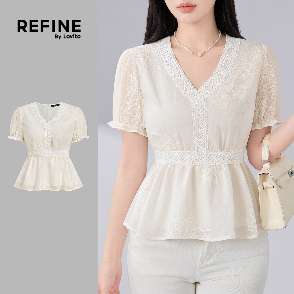 (Refine by Lovito) เสื้อเบลาส์สีขาวสําหรับผู้หญิง สไตล์หรูหราสองชั้น เหมาะกับฤดูใบไม้ผลิ/ฤดูร้อน LR35E039