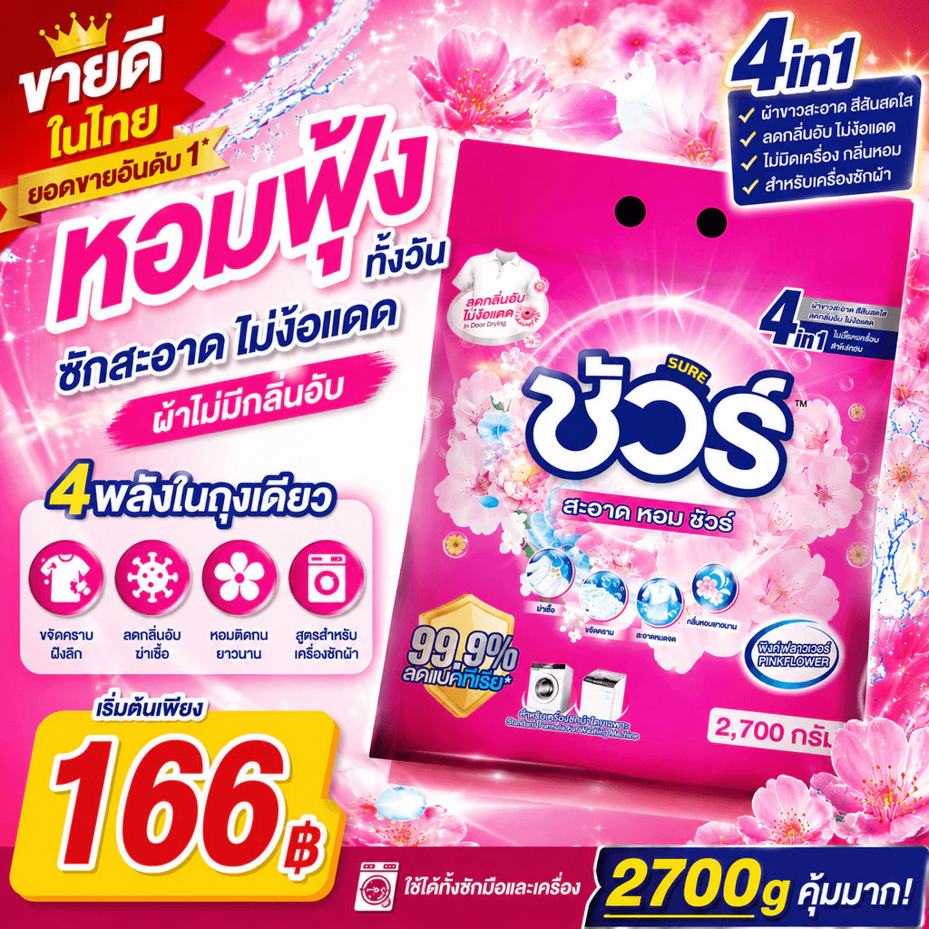 SURE ผงซักฟอกหอม ชัวร์ 2700g ฆ่าเชื้อ 99.9%➕ขจัดคราบสกปรก➕ ป้องกันการตกสีห➕อมสดชื่น 72 ชั่วโมง