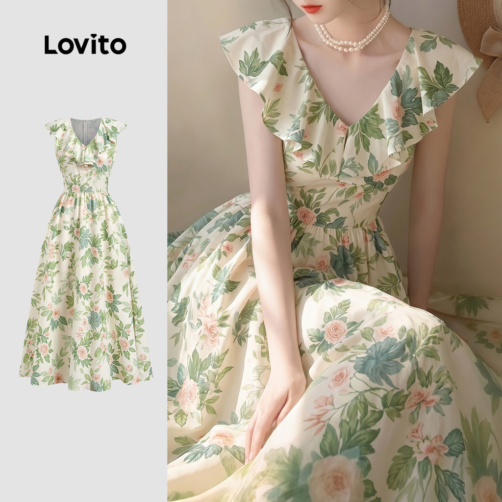 Lovito แพทเทิร์นชุดเดรสผู้หญิงลําลองแต่งระบายลายดอกไม้สําหรับฤดูใบไม้ผลิ/ฤดูร้อน LK4PAD277