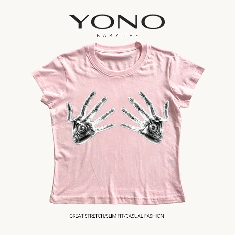 (พร้อมส่ง24ชม.) baby tee สีชมพู ลายมือดวงตาอาร์ต y2k สายดาร์ก ทรงเข้ารูป ใส่เท่เด่นไม่ซ้ำ