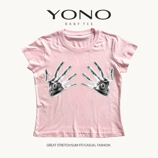 (พร้อมส่ง24ชม.) baby tee สีชมพู ลายมือดวงตาอาร์ต y2k สายดาร์ก ทรงเข้ารูป ใส่เท่เด่นไม่ซ้ำ