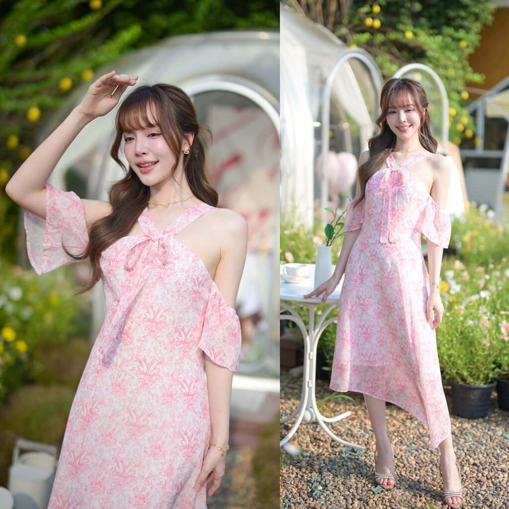 Ribbon Garden Midi Dress มิดี้เดรสกระโปรงเฉียง : โทนสีชมพู [Made by Pastel Time]