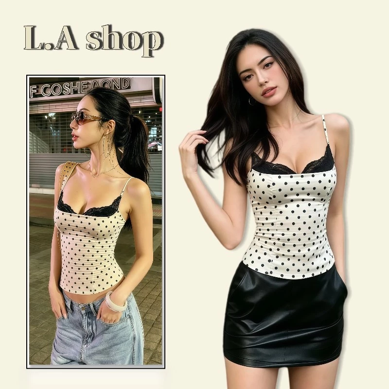 L.A Shop★พร้อมส่ง เสื้อกล้าม สายเดี่ยว ลายโพล์กาดอท ลูกไม้ ทรงรัดพอดี สไตล์เซ็กซี่สาวร้อน -FY5153