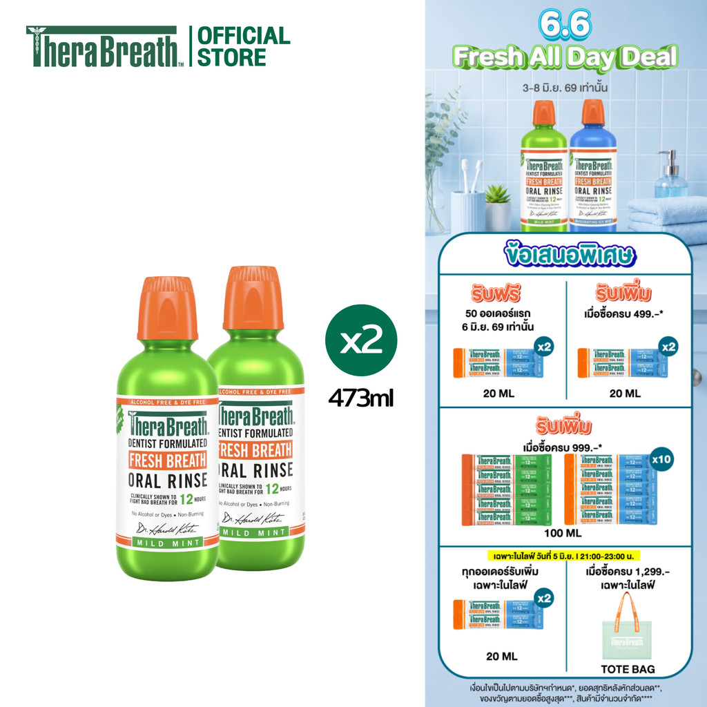 [แพ็คคู่] TheraBreath 473 ml สูตร Mild Mint - Mouthwash น้ำยาบ้วนปาก ลดกลิ่นปาก ไม่มีแอลกอฮอล์
