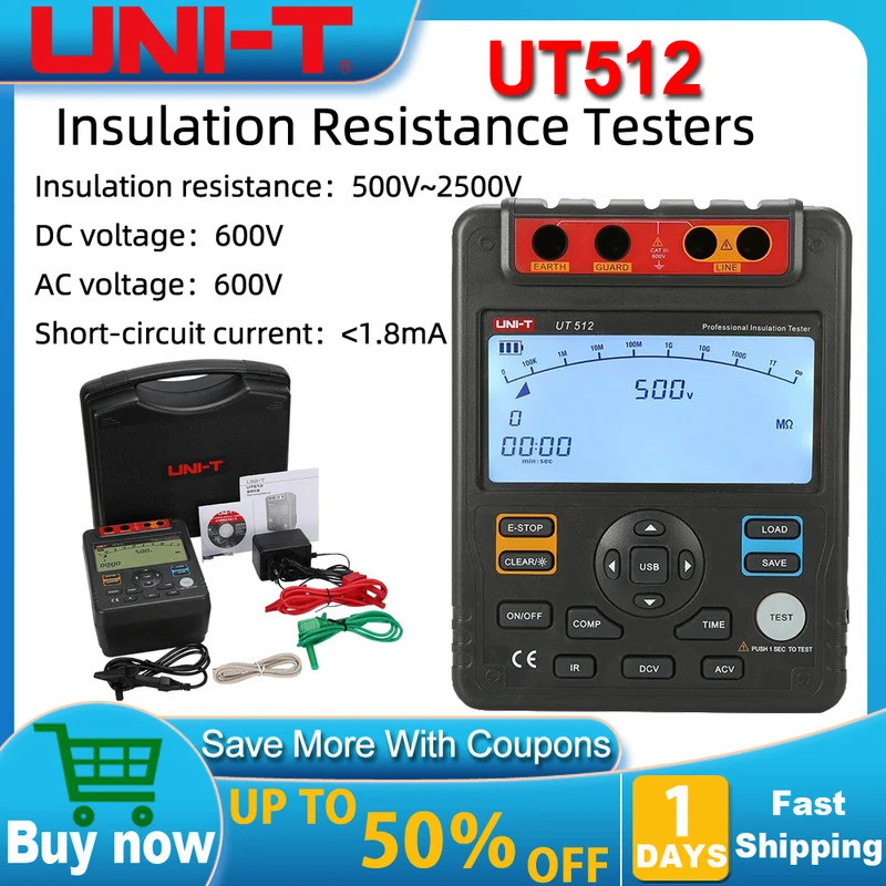 เป็นมิตรกับสิ่งแวดล้อม UNI-T UT512 เครื่องทดสอบความต้านทานฉนวน 500V--2500V Earth Ground 1MΩ~100GΩ Oh