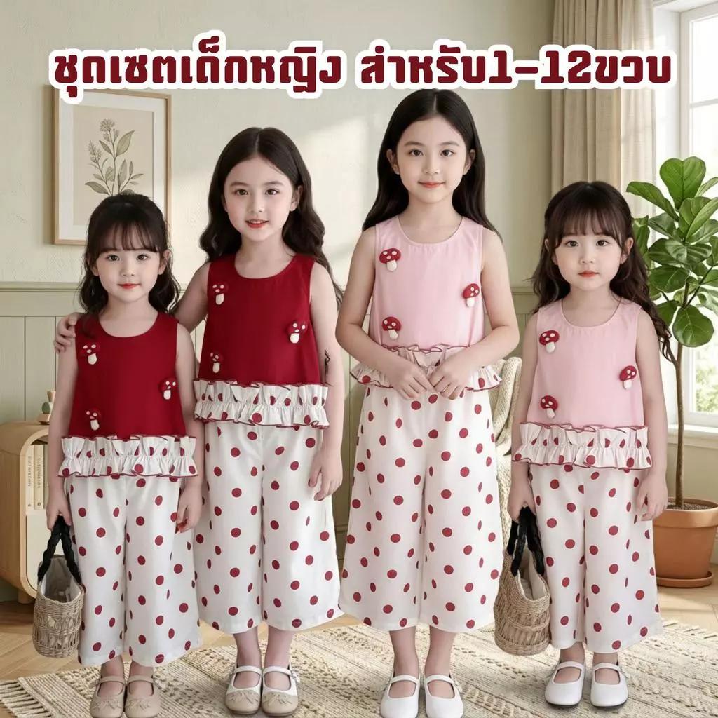 MooDeng Baby ชุดเซตเด็กหญิง สำหรับ1-12ขวบ เสื้อแดง เสื้อชมพู กางเกงครีมลายจุดแดง ติดเห็ด น่ารัก ผ้าโพลี่ แขนกุด