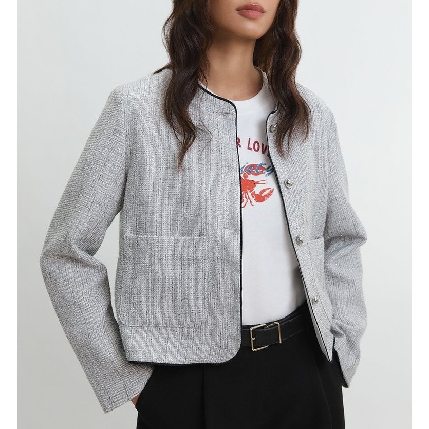 [Pomelo] เสื้อแจ็กเก็ตผ้าทวีดแต่งขอบไม่มีปก / Tweed Collarless Jacket