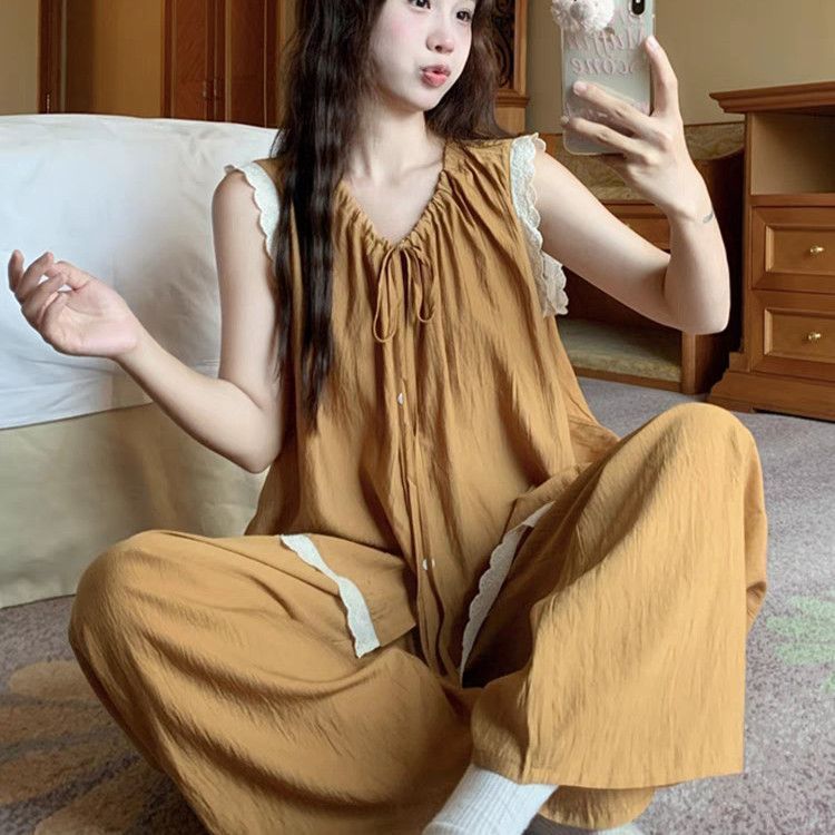 Fashionable Women's Pajamas 韩系纯色睡衣女甜美简约花边无袖长可宿舍可外穿家居服套装款6.4