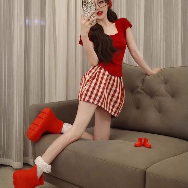 J5readystockins Simple Square Neck Dopamine Red Flying Sleeve Top Design Sense Checked Skirt Tempera