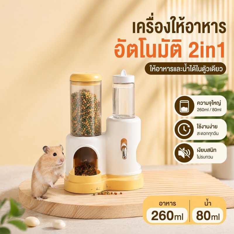 ที่ให้อาหารหนูแฮมสเตอร์ อัตโนมัติ ขวดน้ำ ชามอาหาร 3in1 จ่ายอาหาร สัตว์เล็ก PP ใส มินิมอล