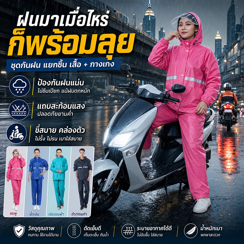 【พร้อมส่งจากไทย ส่งเร็ว】เสื้อกันฝน ชุดกันฝน มีแถบสะท้อนแสง เสื้อกันฝนมอเตอร์ไซค์ Split raincoat