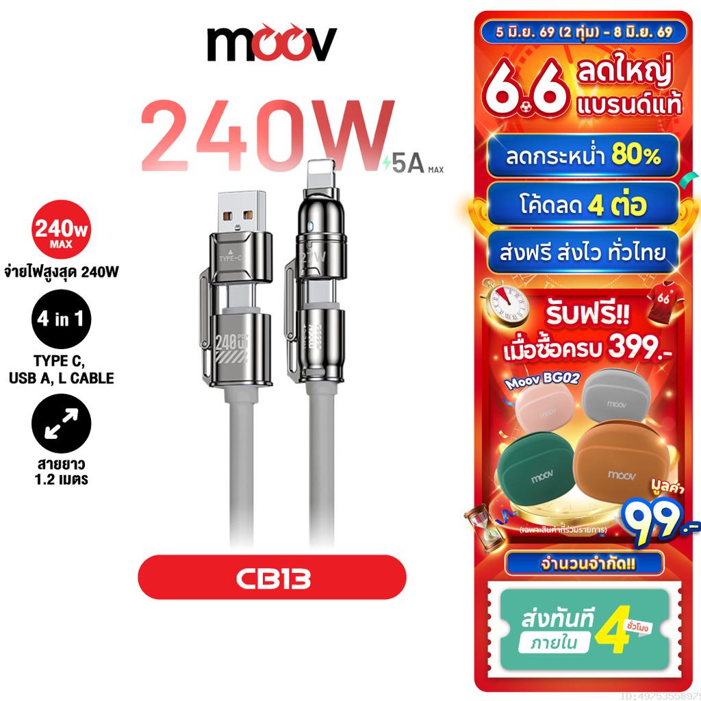 [ส่งไว] Moov CB13 สายชาร์จ Type C to Type C 4-in-1 USB/L-Cable ชาร์จเร็ว Fast Charge PD 240W โน๊ตบุ๊ค
