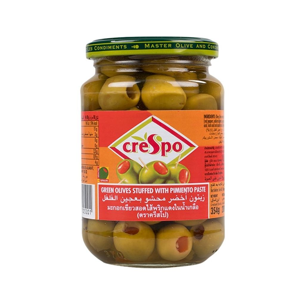 ครีสโป มะกอกเขียวสอดไส้พริกแดงในน้ำเกลือ Crespo Green Olives Pimento 354g.