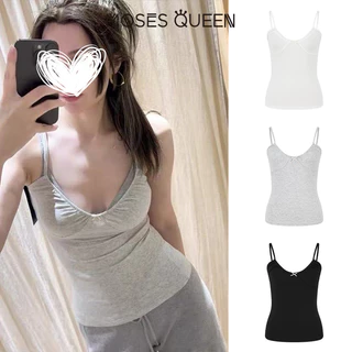 MOSESQUEEN เสื้อคล้องคอคอวีจับจีบโบว์ขนาดเล็กสําหรับใส่ด้านนอกสําหรับฤดูร้อนใส่ด้านในแบบลําลองเสื้อแขนกุด #63780