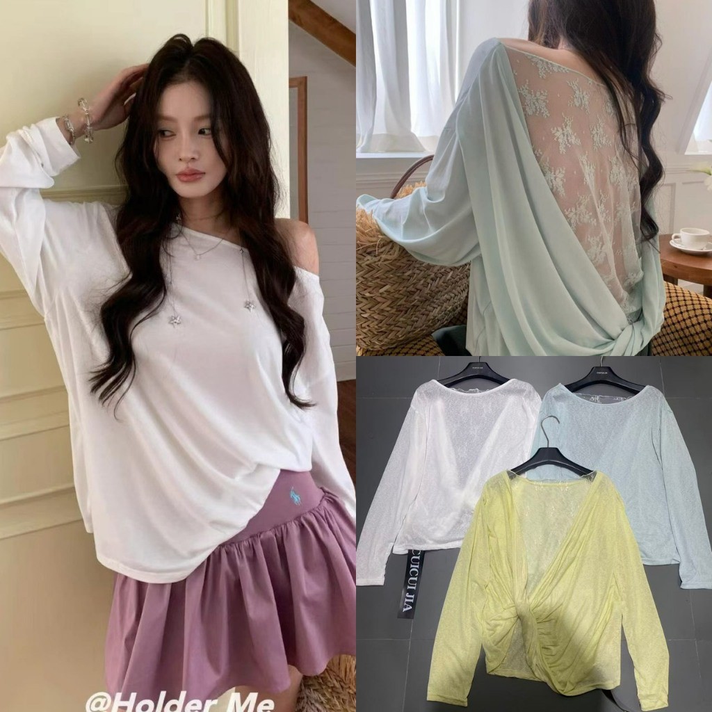 ❤ 🧵 🇰🇷 C90550 เสื้อแขนยาวคอกว้าง ผ้าไม่หนาไม่บาง ด้านหลังแต่งผ้าลูกไม้ แต่งผ้าม้วน แฟชั่นเกาหลี TAG CUI  🧡