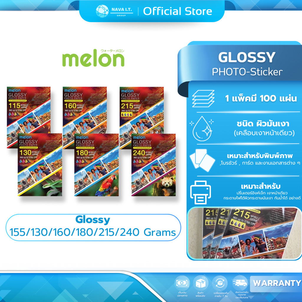 (มีส่งด่วน) MELON GLOSSY PHOTO PAPER 155/130/160/180/215/240 Grams (100 แผ่น) กระดาษโฟโต้