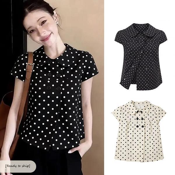 mimi&didi[สินค้าพร้อมส่ง]เสื้อเชิ้ตแขนสั้นคอปกโบว์ลายจุดสำหรับผู้หญิง กระดุมสองแถบ สไตล์หวานลำลอง แมทช์ง่าย-99471