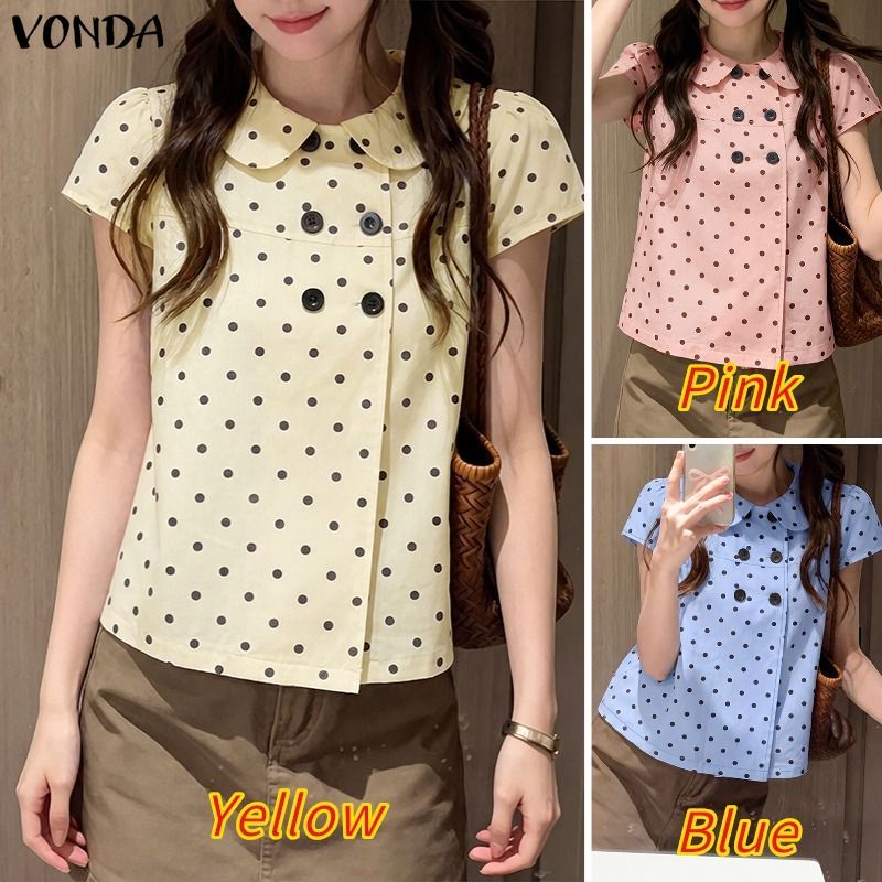 VONDA ผู้หญิงเกาหลีภาษาฝรั่งเศสคํา Girlish ตุ๊กตาคอปกแขนสั้น Double-Breasted Polka Dots A-Line เสื้อ — صورة 3
