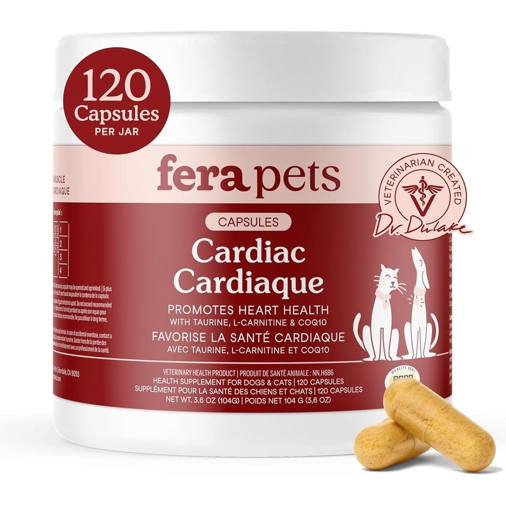 Fera Pets Cardiac Support - อาหารเสริมสุนัขและแมวหัวใจพร้อมทอรีน, L-Carnitine, & CoQ10 - ส่งเสริมการ