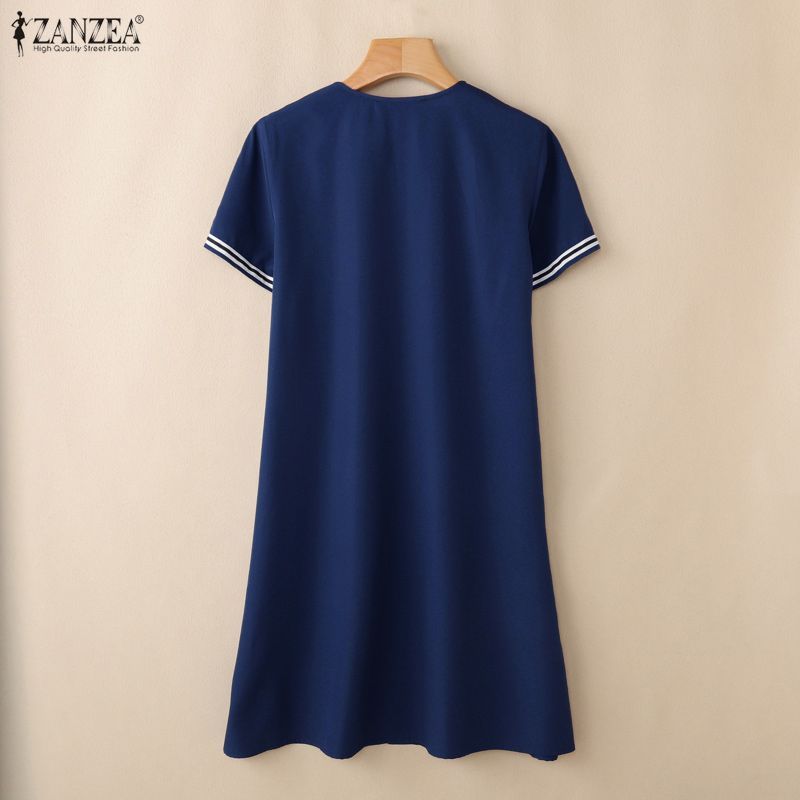 ZANZEA ซานเซีย ผู้หญิงแฟชั่นเกาหลีสไตล์ลําลองคอวีแขนสั้น ไร้กระเป๋า สีบล็อกลายชุดหลวม — صورة 8