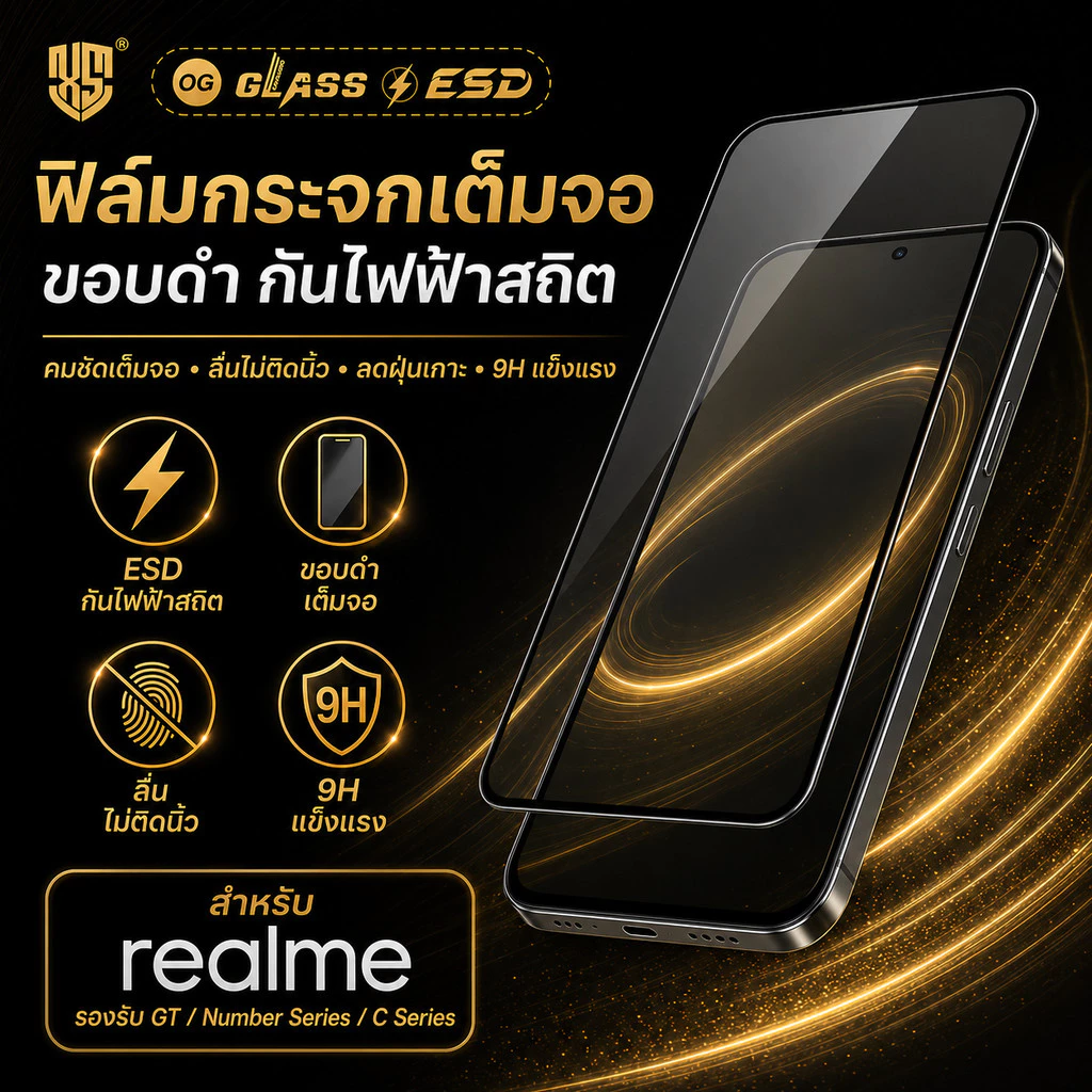 ฟิล์มกระจก Realmeแบบเต็มจอจอโค้ง ป้องกันไฟฟ้าสถ OG REALME5 REALME C3 C21 C12 C25 C35 C55 C53 C21Y C25Y REALME6 REALME7